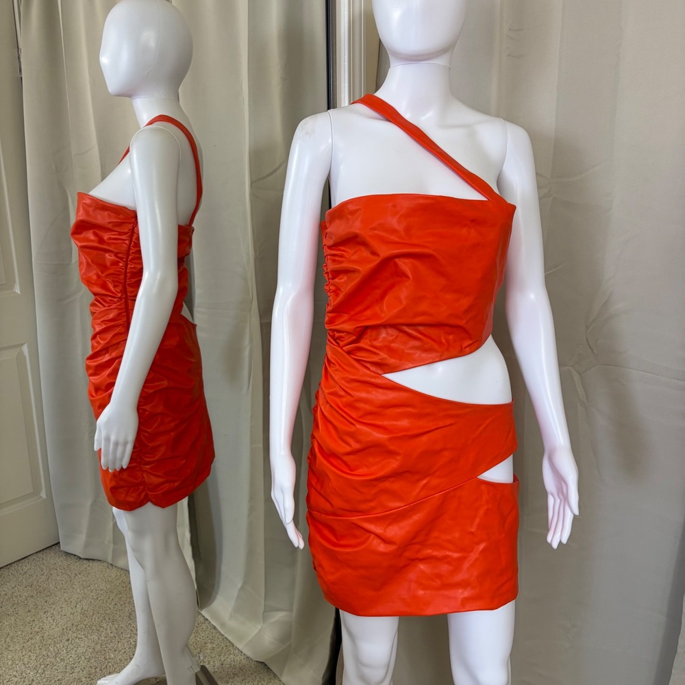 Michael Costello x REVOLVE Orange Faux Leather Ruched Cut Out Mini Dress Mens M